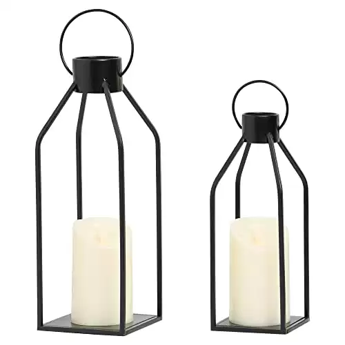 HPC Decor Modern Farmhouse Lantern Decor- Black Metal Candle Lanterns for Christmas- Lanterns Decorative w/Timer Flickering Candles for Living Room,Home,Indoor, Outdoor,Table,Fireplace Mantle Decor