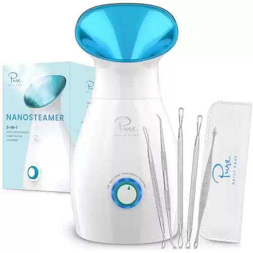 NanoSteamer Large 3-in-1 Nano Ionic Facial Steamer with Precise Temp Control – Humidifier – Unclogs Pores – Blackheads – Spa Quality – Bonus 5 Piece Stainless Steel Skin ...