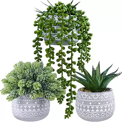 Winlyn 3 Pcs Assorted Small Potted Succulent Plants Artificial Aloe Hops String of Pearls Succulents in Gray Geometric Concrete Pots for Gifts Table Shelf Windowsill Indoor Outdoor Greenery Decor