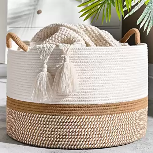 KAKAMAY Large Blanket Basket (20"x13"),Woven Baskets for storage Baby Laundry Hamper, Cotton Rope Blanket Basket for Living Room, Laundry, Nursery, Pillows, Baby Toy chest (White/Brown)
