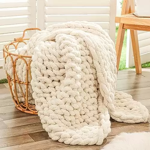 Bigacogo Chunky Knit Blanket Throw 40"x40", 100% Hand Knitted Chenille Throw Blanket, Small Soft Thick Yarn Cable Knit Blanket, Cute Rope Knot Crochet Throw Blankets for Couch Bed Sofa (Beig...