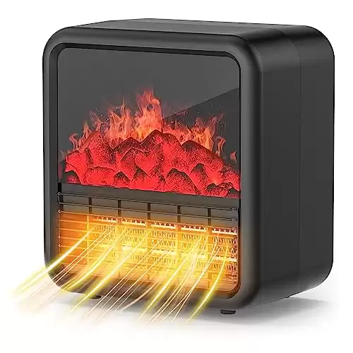 ALPACA Small Portable Space Heater for indoor use with realistic 3D flame, Mini Electric Fireplace Heater with Thermostat, 1500W/750W PTC Ceramic Heating, Tip-Over Safety Switch, Black