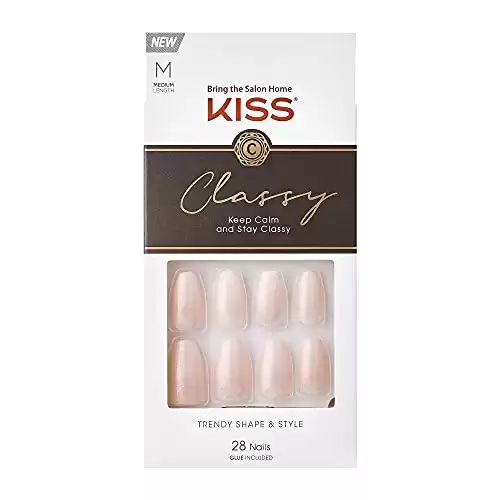 KISS Classy French Nail Manicure Kit with Gel Finish, Medium, Coffin Shaped, Includes Pink Nail Glue (Net Wt. 2 g / 0.07oz.), Mini Nail File, Manicure Stick, and 28 Fake Nails, 'Cozy Meets Cute&a...