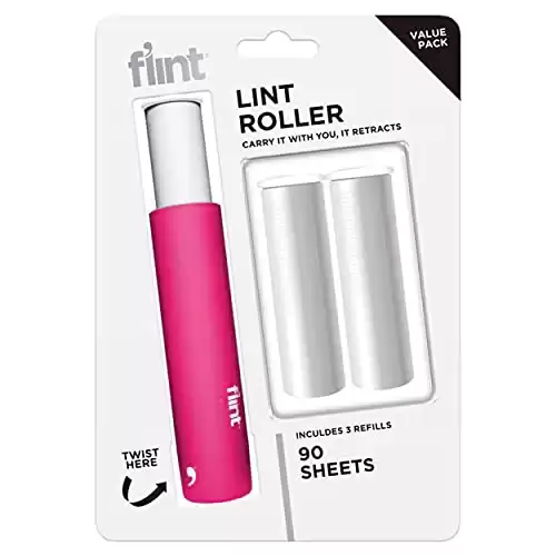 Flint Classic Retractable Lint Roller Refillable Travel Lint Roller 90 Sheets (Pink)