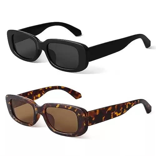 BUTABY Rectangle Sunglasses for Women Retro Driving Glasses 90 s Vintage Fashion Narrow Square Frame UV400 Protection Black & Leopard