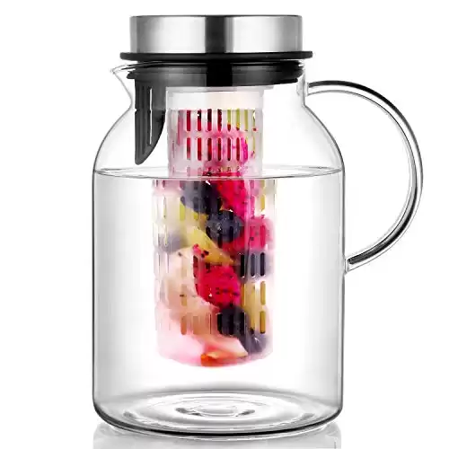 Glass Fruit Infuser Water Pitcher with Removable Lid, High Heat Resistance Infusion Pitcher for Hot/Cold Water, Flavor-Infused Beverage & Iced Tea 2 Qt