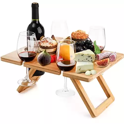 Youeon Portable Wine Picnic Table with 5 Wine Glasses Holder, Foldable Champagne Picnic Snack Table, Wine and Cheese Table for Picnic, Camping, Park, Beach, Wine Lover Gift