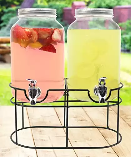 Estilo Glass Double Drink Dispenser with Stand - Set of 2, 1 Gallon Glass Beverage Dispenser with Stand - Glass Drink Dispenser - Glass Water Dispenser for Weddings, Juice Dispensers for Parties
