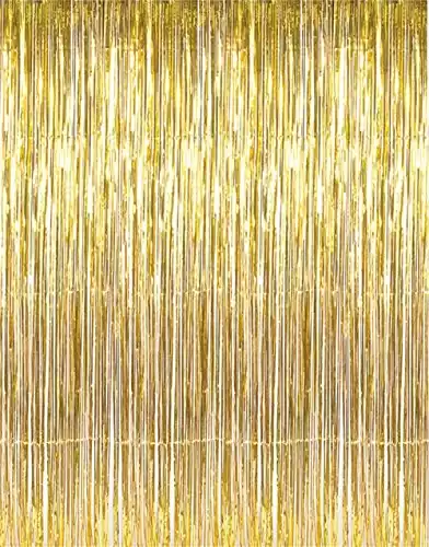 GOER 3.2 ft x 9.8 ft Metallic Tinsel Foil Fringe Curtains Party Photo Backdrop Party Streamers for Birthday,Graduation,New Year Eve Decorations Wedding Decor (1 Pack, Gold)
