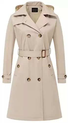 CREATMO US Tan Long Trench Coat Women Double-Breasted Water Repellent Classic Overcoat Slim Outerwear with Belt Khaki L
