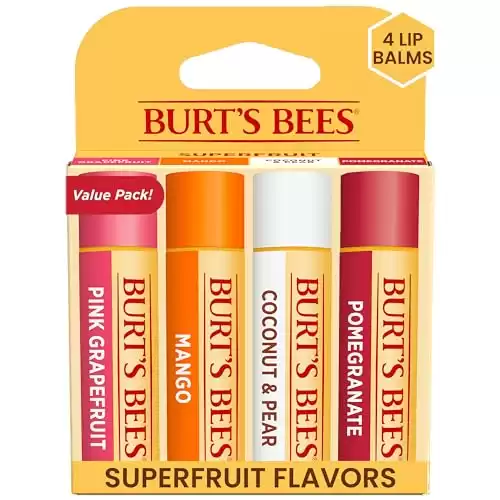 Burt's Bees Pink Grapefruit, Mango, Coconut and Pear, and Pomegranate Lip Balm Pack, Lip Moisturizer With Responsibly Sourced Beeswax, Tint-Free, Natural Conditioning Lip Treatment, 4 Tubes, 0.15...