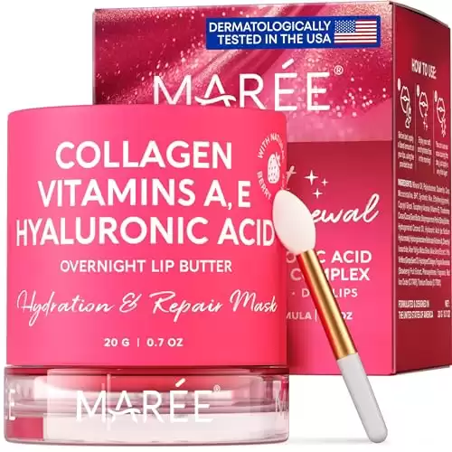 MAREE Lip Mask - Overnight Collagen Lip Scrub with Hyaluronic Acid & Coconut Oil to Nourish & Hydrate Dry Cracked Lips - Moisturizer for Care & Treatment with Shea & Cocoa Butters - Sl...