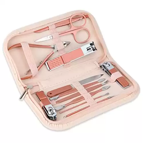 Nail Clippers and Beauty Tool Portable Set, Rose Gold Martensitic Stainless Steel Manicure Set 12 in 1, with Pink Leather Bag, Suitable for Home, Workplace, Outdoor Travel, Gift Giving, Salon.