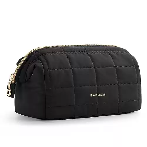 BAGSMART Makeup Bag Travel Cosmetic Bag, Puffy Padded Make Up Bags for Women Large Capacity Makeup Organizer Case, Wide-open Pouch Purse Travel Essentials Toiletries Accessories Brushes,Black