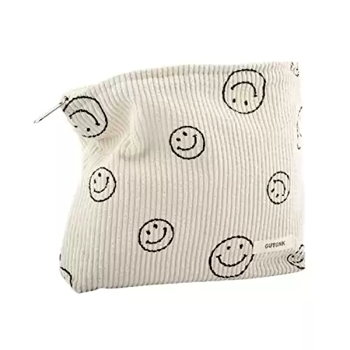 GUTGNK Makeup Bag For Women - Corduroy Cosmetic Bags Aesthetic Design Ladies Tote Bag,Women's Pencil Case,Cute Smiley Face Makeup Organizer with Zipper (Beige)