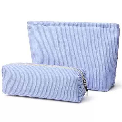 SANYETS 2 Pack Cosmetic Bags, Makeup Bag for Women, Blue Makeup Travel Bag, Corduroy MakeUp Bag Organizer, Cute MakeUp Brush Bag, Small Make Up Pouch with Zipper, Travel Essentials for Women