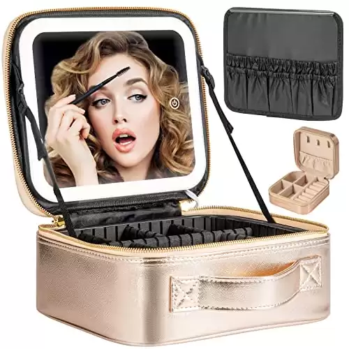 Extrei Gent Makeup Travel Train Case with Mirror LED Light 3 Adjustable Brightness Cosmetic Bag Portable Storage Adjustable Partition Waterproof Makeup Brushes Makeup Jewelry Gift for Women