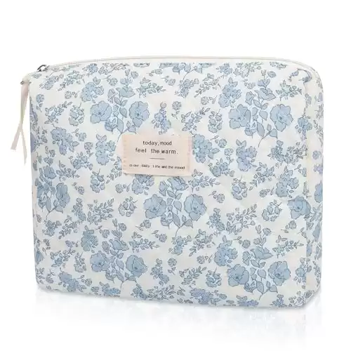 Makeup Bag Quilted Makeup Bags, Floral Cosmetic Bag for Women, Cute Cotton Makeup Bag, Flower Travel Toiletry Organizer Bag (Blue Floral)