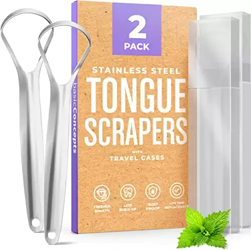 Tongue Scraper with Cases (2 Pack), Stainless Steel 100%