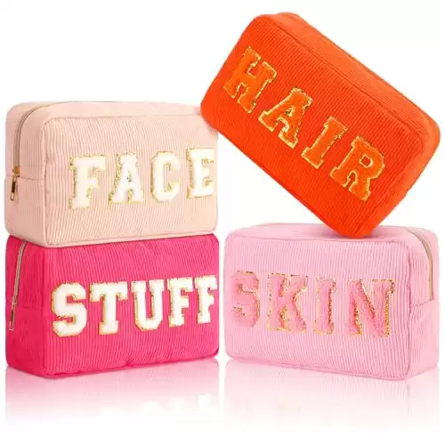 Pinkunn 4 Pcs Preppy Makeup Bags Chenille Letter Patch Bag Face Skin Hair Stuff Aesthetic Cosmetic Bag Corduroy Nylon Cosmetic Bag Birthday Gifts for Women(Cute Color,Corduroy)