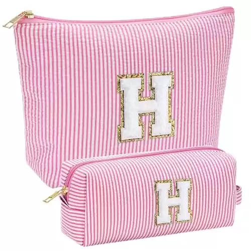 YOOLIFE Birthday Gifts for Girls - Personalized Initial Cute Pink Cosmetic Makeup Bag Pouch Make Up Bags Travel Toiletry Bag for Her Mom Girlfriend Wife Teacher 18th Birthday Gifts for Girls H