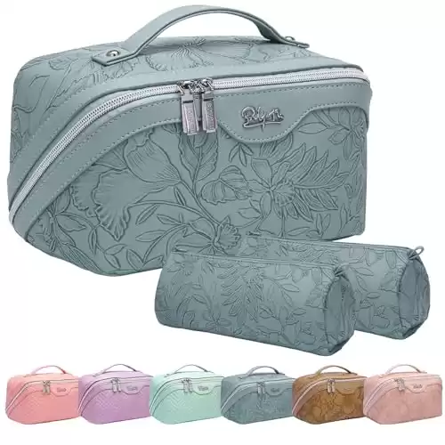 Travel Makeup Bags Cosmetic Organizer Bag: 3-Set Large Capacity Make up Bag - PU Leather Toiletry Bag for Women - Wide Open Portable Pouch with Divider & Handle 01-Light Blue